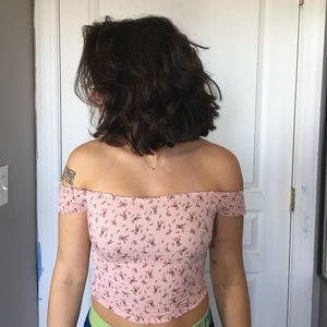 Pink floral crop top off the shoulder